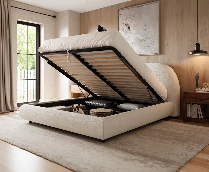 Modern upholstered storage bed in cream boucle fabric with lift-up storage and curved headboard