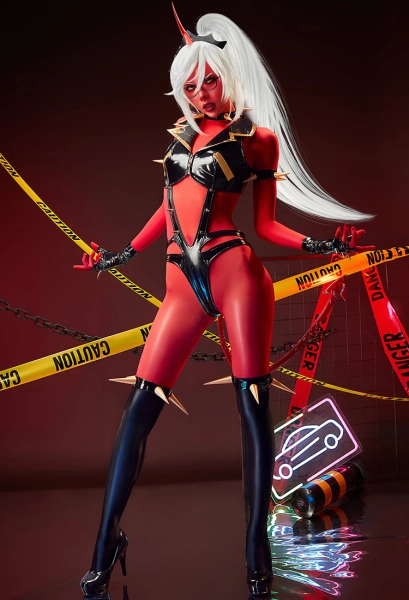 Panty Stocking Kneesocks Cosplay Costume Leather Bodysuit and Red Tights with Tail