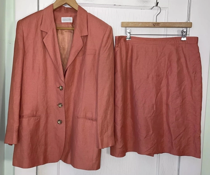 Vtg Lands’ End Sz XL Salmon Pink Linen Blend Pencil Skirt Suit Set Blazer