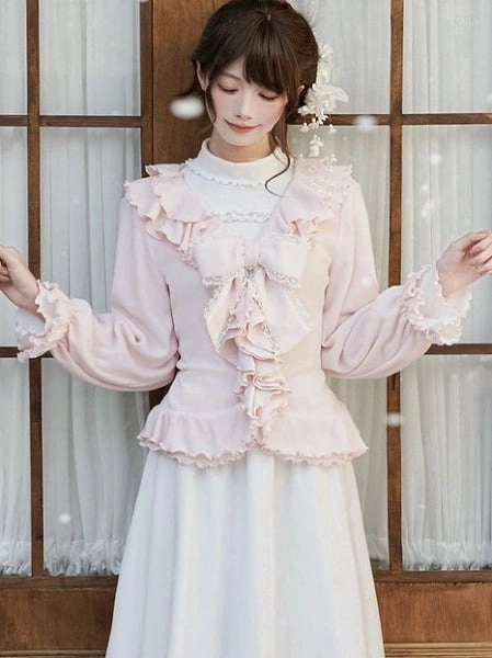 [$52.00]Pure Style Jirai Kei Pink Ruffle Bow Cardigan