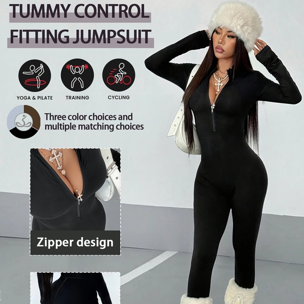 Women'S High-Elasticity Long Sleeve Tight Fitting Yoga Jumpsuit, Half-Zip Front Slim Fit Athletic Casual Bodysuit For Cycling, Workout & Daily Wear, Women'S Acitvewear.