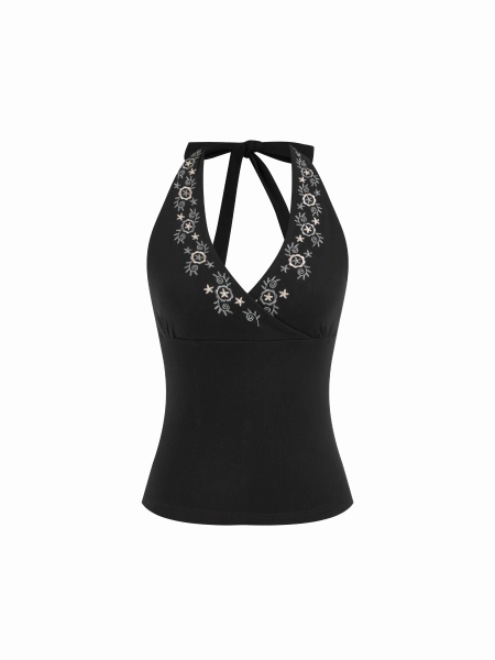 Cotton-blend Floral Halter Neckline Embroidery Tank Top