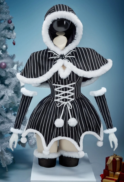 Christmas Nightmare Skeleton Style Gothic Costume Striped Dress with Cloak and Sleeves Christmas Outfits