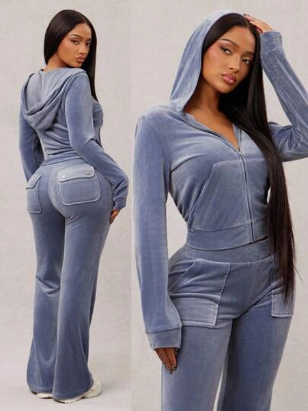 Radiana Plus Size Fall/Winter Women's Sexy Casual Grey-Blue Velvet Tracksuit, Zip-Up Hoodie + Wide Leg Pants 2-Piece Set, Comfortable & Soft For Casual, Sports, Home Or Outdoor Wear Women Two Pieces Velour Tracksuit Blue Two Pieces Set Women Women Velour Tracksuit Set Two Pieces Pant Set Women 2 Pieces Lounge Set Women Flared Trouser Suit Comfortable Two Pieces Set Vintage,Old School