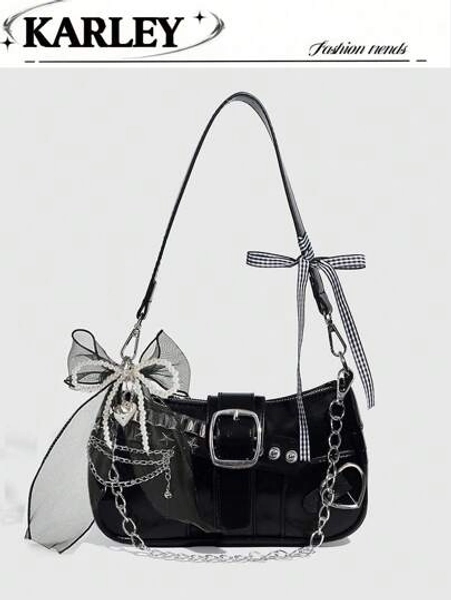 Lace Bow Bag Y2K Fashionable And Versatile Star & Moon Design Unique Silver Millennium Shoulder Chain Crossbody Bag, Perfect For Girls' Street Style, Parties, And As A Gifttrendy Star Print Women Bag Black Bag