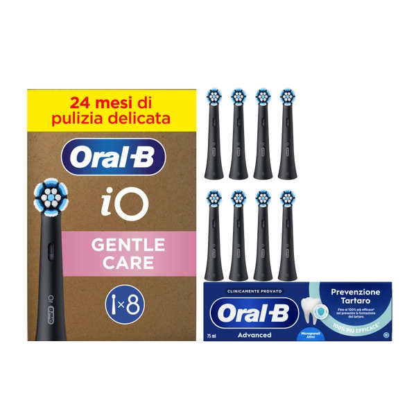Oral-B Testine di Ricambio iO Gentle Care Nere, Confezione da 8 Testine + Dentifricio Advanced Prevenzione Tartaro