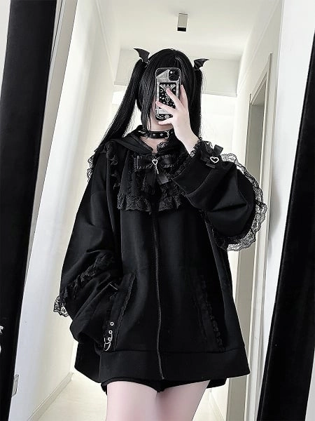 [$82.00]Black Jirai Kei Lace Bunny Ear Zip Hoodie with Bow Tie