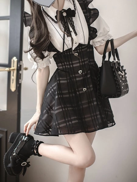 Jirai Kei High Waist Black Plaid Overall Dress Short Version with Flutter Sleeves