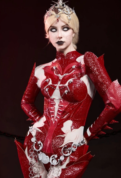 Baldur's Gate Orin Cosplay Costume Red Suit and Hand Accessory and Waist Chain