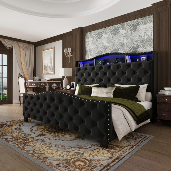 Corner Bed Frame with 3 Drawers and Storage Bookcase, Daybed with Charging Station and LED Lights