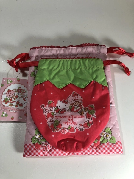 RARE Sanrio Hello Kitty X Strawberry Shortcake Puffer Drawstring Bag Set NEW