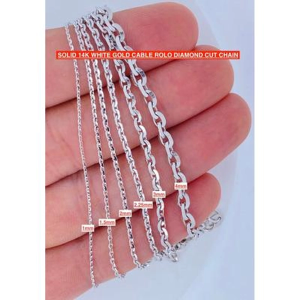 Solid 14K White Gold Diamond Cut Cable Rolo Chain, Ladies White Gold Diamond Cut Chain, Heavy , Strong, 1mm 1.5mm 2mm 2.25mm 3mm 4mm