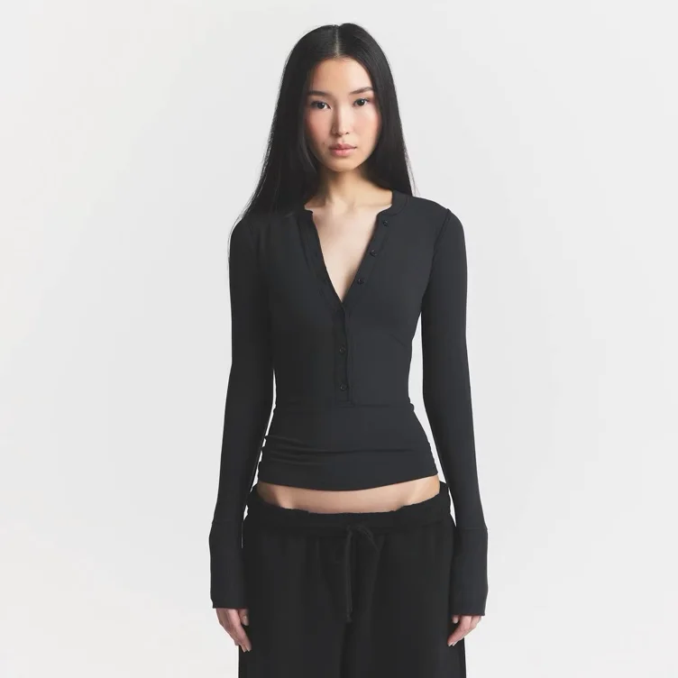 COTTON JERSEY HENLEY LONG SLEEVE | SOOT | XXS