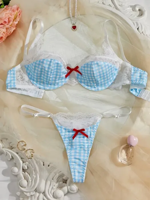 lear Cute White and Blue Plaid Lace Trim  Women's Lingerie Set