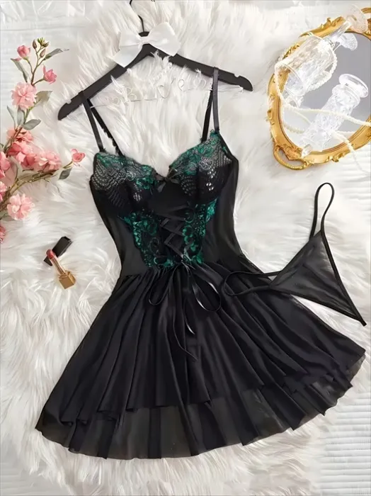 A Two-Tone Lace Contrasting Semi-Transparent Nightgown with a V-Neck And Open Back, Featuring an Adjustable Waist And Sheer Straps. The Medium Support Loungewear Is Made from Lightweight