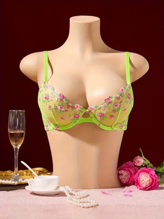 fluorescent green floral embroidered womens bra single layer - Temu