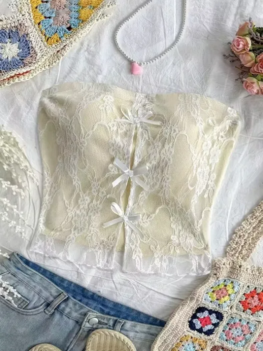 elegant lace bow tank top beige white floral lace detail - Temu