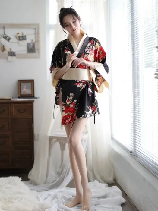   romantic black kimono style robe cherry - Temu Canada