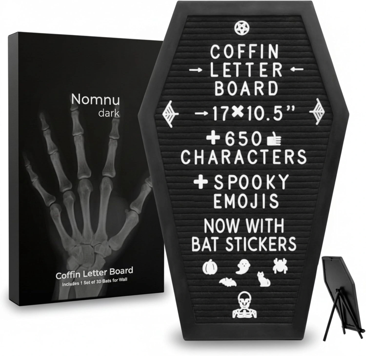 Nomnu Coffin Letter Board, Pink Goth Decor w/Bat Stickers, Spooky Emojis | Wood and Felt board 17x10.5 inches +650 characters 80+ spooky seasonal emojis, sawtooth hanger. Tabletop Stand