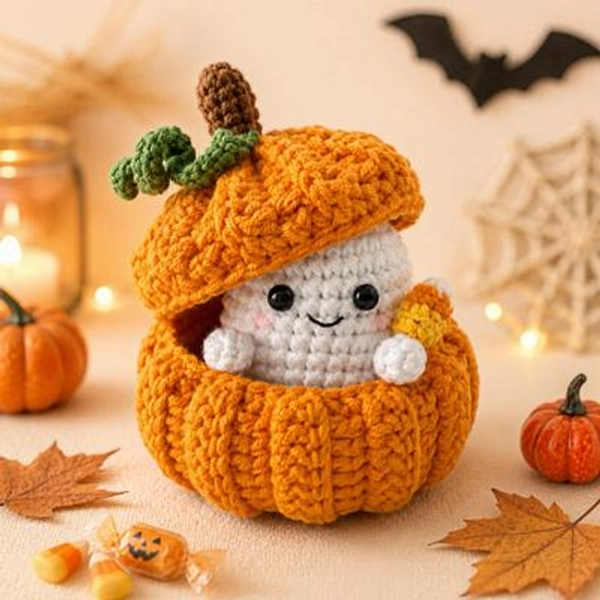 Handmade Crochet Ghost in Pumpkin - Halloween Decor & Candy Holder