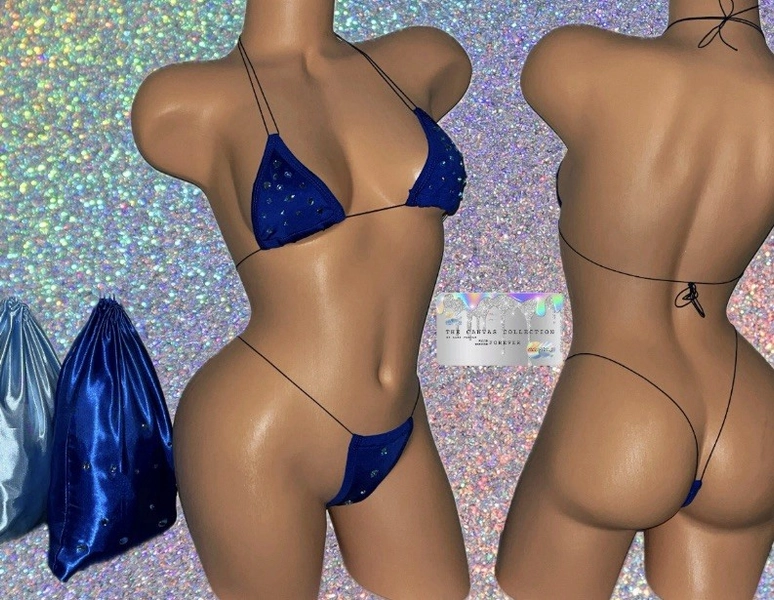 EXÓTICO DESGASTE BAILARINA/STRIPPER: CONJUNTO DE 2 PIEZAS AZUL OSCURO CON PEDRERÍA Y PERLAS