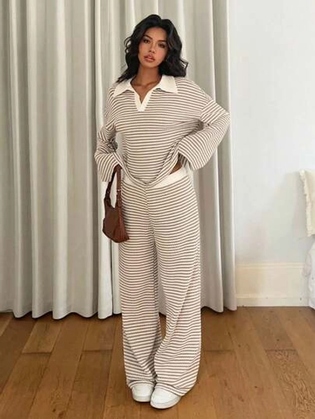 Siren Gaze Women's 2pcs Set Loose Striped V-Neck Drop Shoulder Long Sleeve T-Shirt &Elastic Waist Striped Pants, Winter Sweater Suit , Spring Break Outfits Striped Women Comfy Comfortable Casual Comfortable Two Piece Set