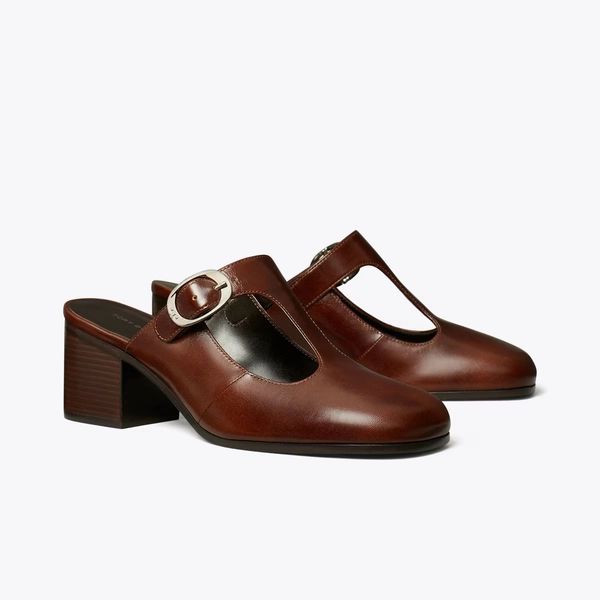 Violet T-Strap Heeled Mule in brown, size 10