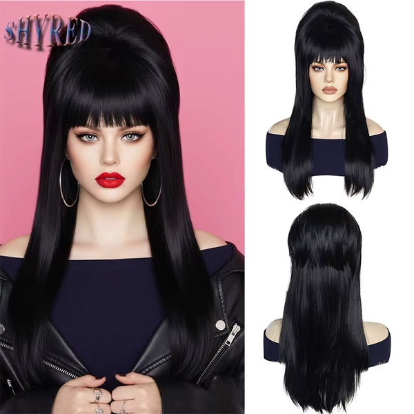 Peruca Sintética Longa e Lisa Preta Intensa com Franja - Ideal para Mulheres, Estilo Retrô Anos 60 e Cosplay Gótico, Cabelo Falso - AliExpress 200165144