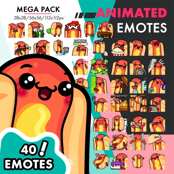 40 Animated Hotdog Emotes Pack, Mega Cute Sausage Steer, Wiggle, Spray Bottle Emote Set For Twitch Streamers