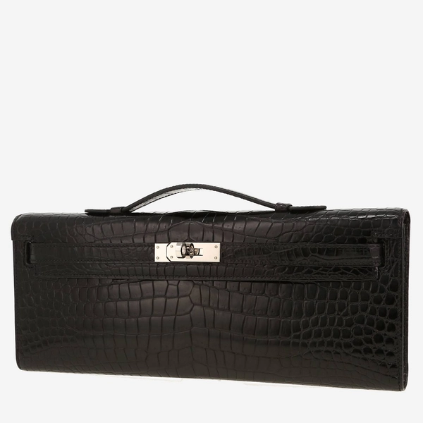 Hermès Kelly Cut in black porosus crocodile with Palladium hardware