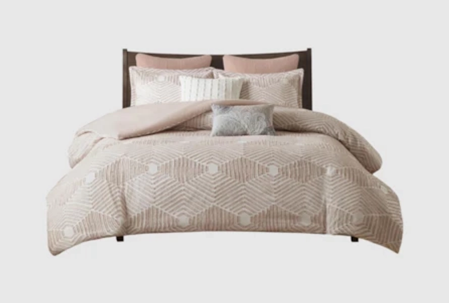 Full/Queen Cotton Comforter | 3 Piece Set | Jaquard Print Blush | Rectangle Geometric Sets
