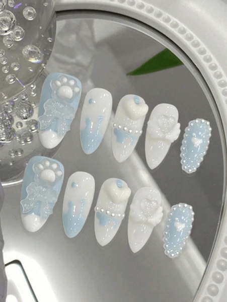 10 Long Almond Nails Valentines Nails , Romantic Nail Art, Pure Desire Gentle Fairy Artistic Nail Design, Press On Nails DIY Fake Nails French Tip Nails Blue Nails Nail Art White Cat Paw Prints, Heart And Wings, Bow Accessories,Reusable Nail Supplies For Girls, Ladies In Wedding, Party, Holiday Scenes, Gift A Set Of Nail Kit