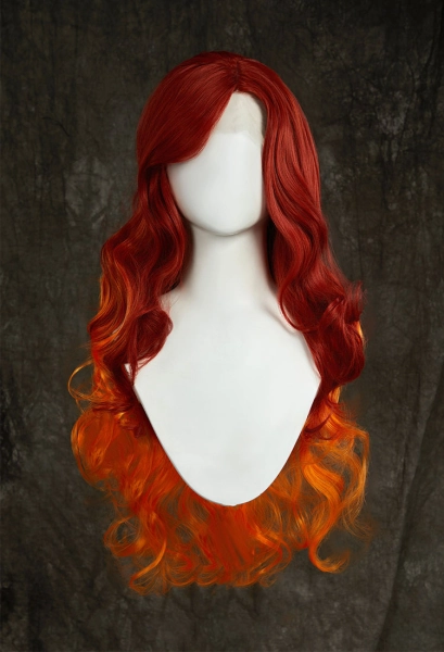 Teen Titans Female Superhero Cosplay Wig Dark Red Orange Long Curly Lace Wig