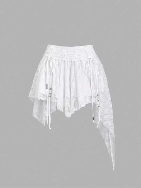 Sweetra Bohemian Style Knit Lace Asymmetric Hem Ruched Waist Women Skirt