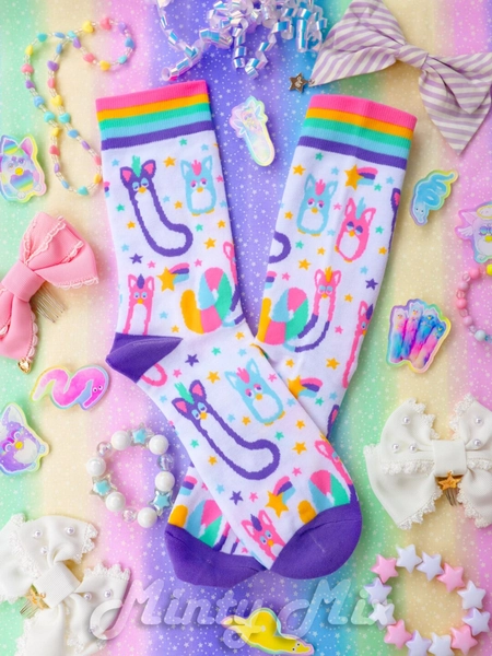 Long Furb Rainbow Border Socks- Kawaii Rainbow Cryptid Worm on a String 80s and 90s Birthday Party Furby - Etsy