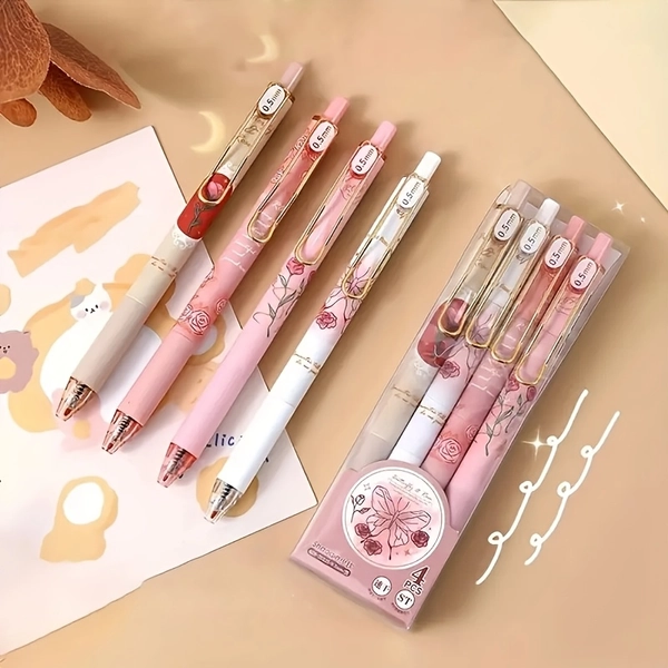TEMU 4pcs 0.5mm Vibrant Quick-drying Black Gel Ink Retractable Gel Pens Floewrs Gel Pen Student Writing Pens Creative Signature Pen Cute Stationery