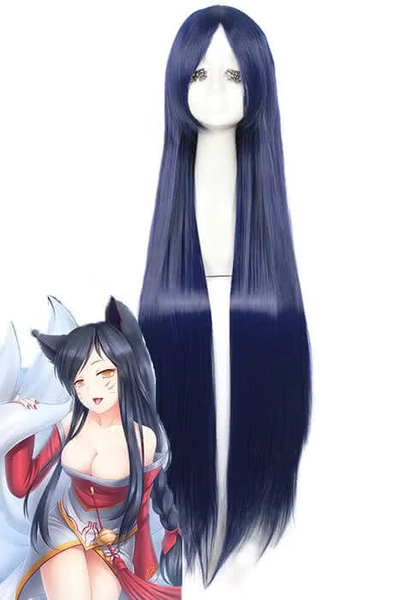 LOL the Nine-Tailed Fox Ahri Long Deep Blue Game Cosplay Woman Wigs