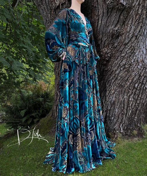Teal Silk Velvet Burnout "Beverly" Dressing Gown w/ Crystal Buttons Sizes: XS, S, M, L