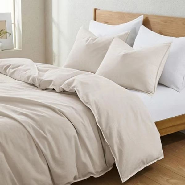 Peace Nest Classic Linen Cotton Bedding Set, Woven 55% Linen 45% Cotton Duvet Cover and Pillow Shams, Soft & Breathable, Beige, Full/Queen