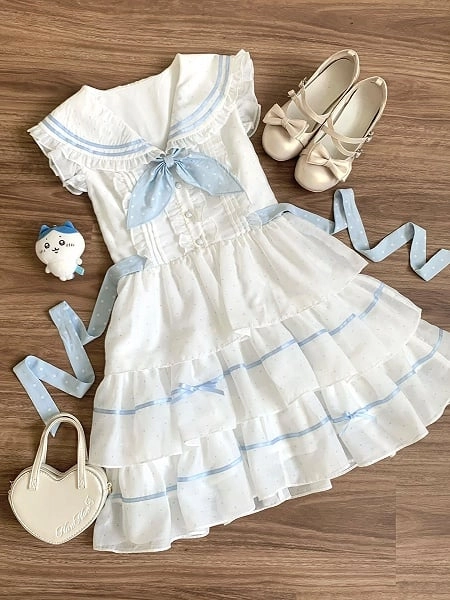 [$48.00]White and Blue Polka-dot Pattern Sailor Collar Navycore Dress Tiered Skirt