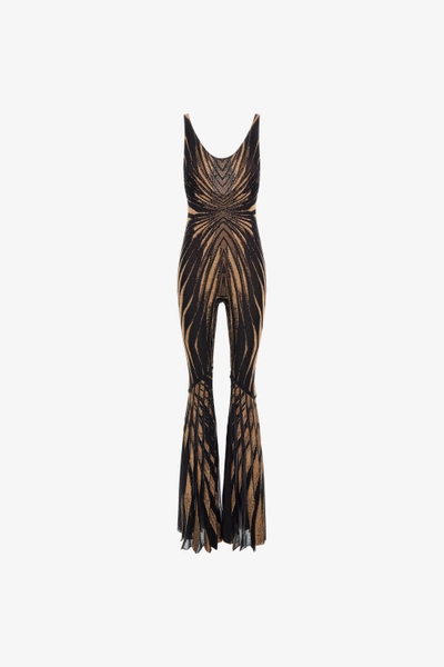 Roberto Cavalli Knit Jumpsuit With Ray Of Gold Print - Female Jumpsuits Gold 46 46