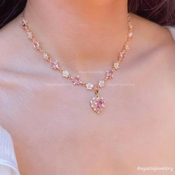 Princess Necklace Pink, Heart Charm Jewelry Coquette, Flower Elegant Necklace, Fairycore, Princesscore, Pink & Gold Jewelry for Women