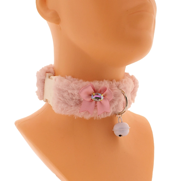 Pink Furry Fur Kitten Pet Play Collar Fluffy Cosplay Bow Choker with Bell