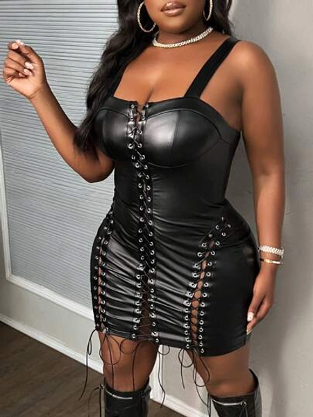 Slaydiva Plus Size Women Party PU Lacing Bodycon Dress, Winter