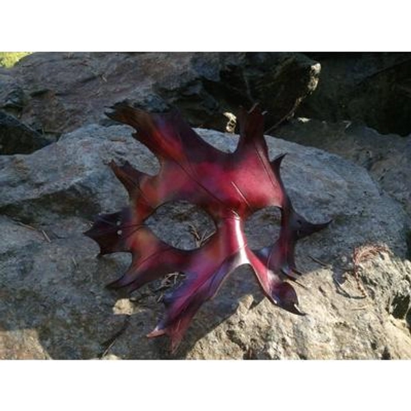 Handmade Leather Mask: Red Oak Leaf Costume Art