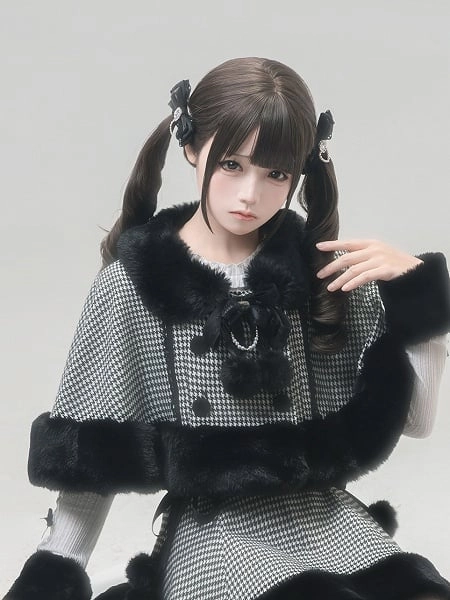 Jirai Kei Black Houndstooth Furry Cape with Bow Tie