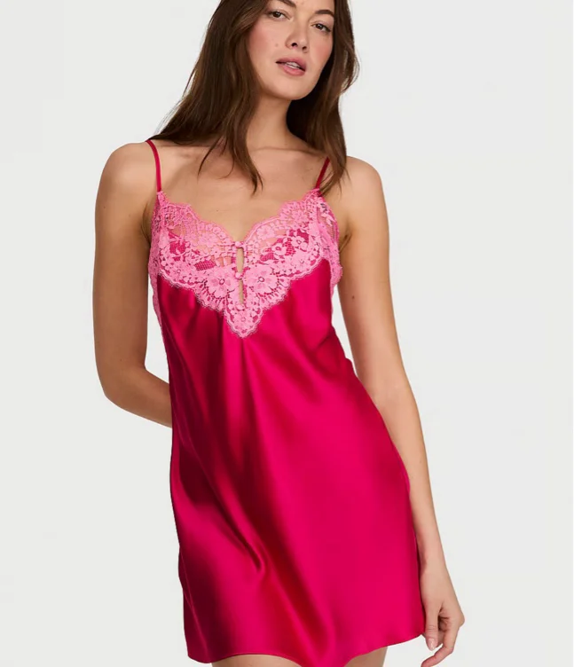 Satin Lace-Trim Short Slip Dress