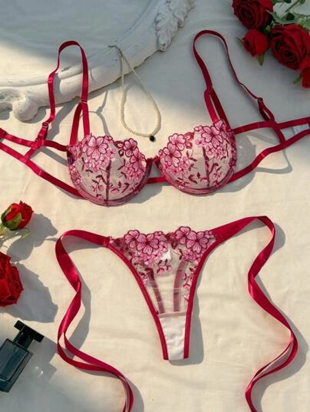 2pcs/Set Women Floral Embroidery Mesh Bra And Panty Lingerie Set Floral Lingerie Set Underwire Lingerie Set Butterfly Lingerie Set Sheer Lingerie Set Embroidered Lingerie Set