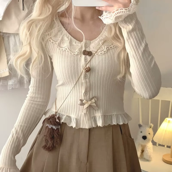 Sweet Lolita Style Short Cardigan Women Kawaii Lace Patchwork Ruffles Bow Knitted Coat Korean Fashion Chic Buttons Cute Crop Top - AliExpress 200000345