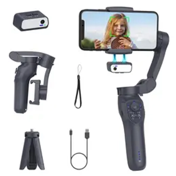 AI Tracking Phone Gimbal Stabilizer, 3-Axis Foldable Portable Smartphone Gimbal with Focus Wheel for iPhone 15/14 Pro Max and Android, Travel Gadgets and Cellphone Selfie Accessory, Smartphone Camera Accessories